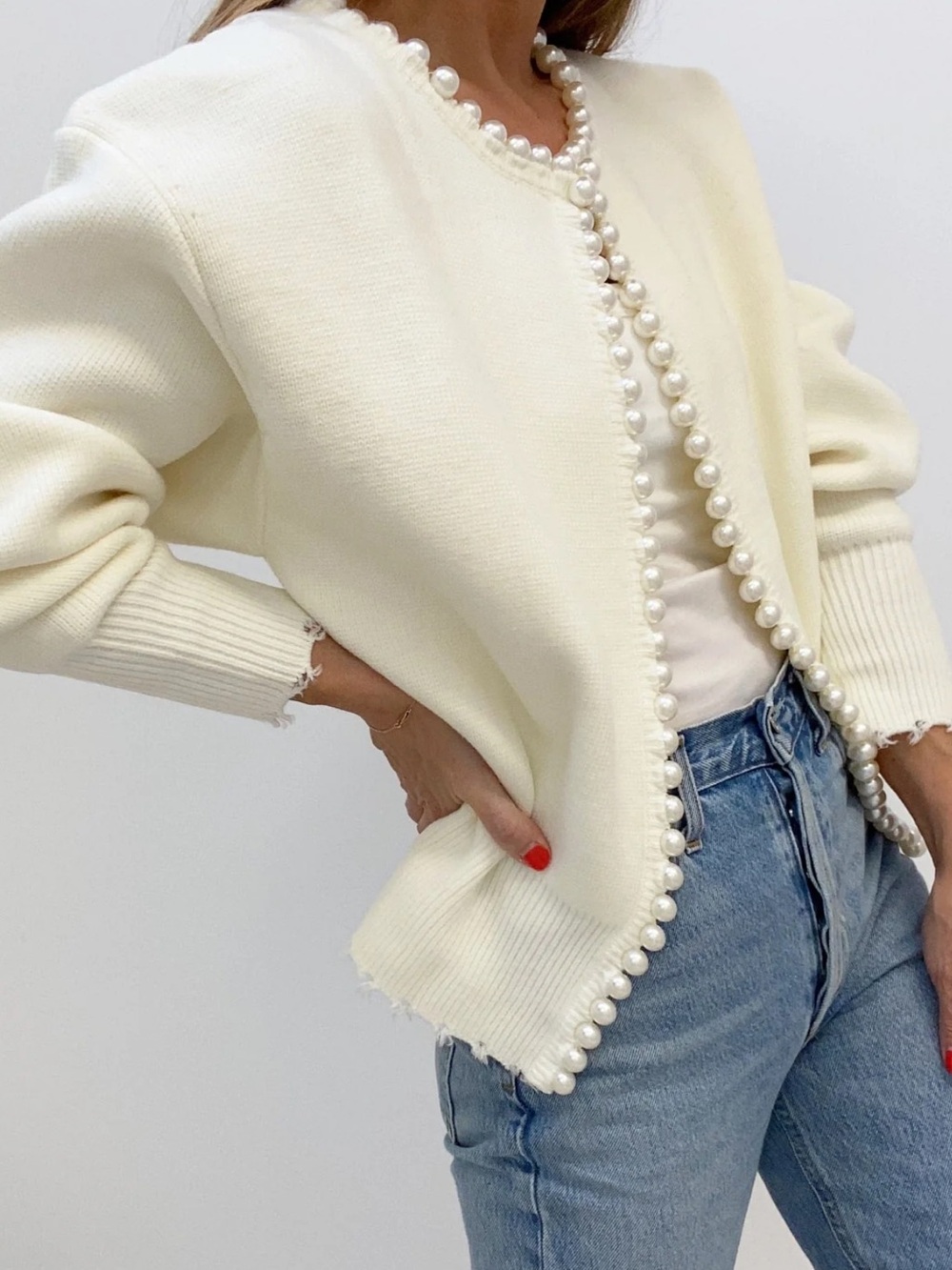 Commense Women's Cream Pearl-Trim Knit Cardigan Sweater Small - Picture 3 of 11